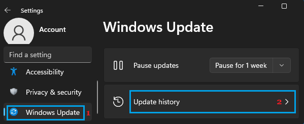 Open Update History Option in Windows 11