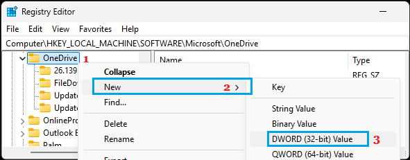 Create New DWORD in OneDrive Registry Key