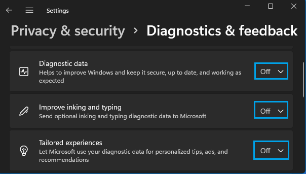 Disable Diagnostic Data, Tailored Experiences, Improve Inking and Typing Option in Windows