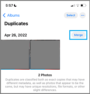 Merge Duplicate Photos Option on iPhone