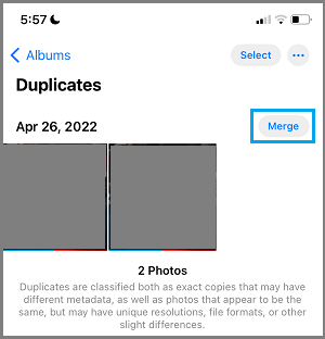 Option Zum Zusammenführen Doppelter Fotos Auf Dem Iphone