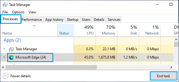 Microsoft Edge in Windows Task Manager