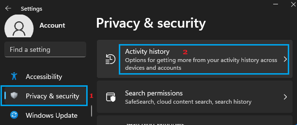 Activity History Settings Option in Windows 11