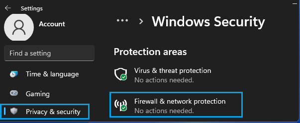 Firewall & Network Protection Settings Option in Windows 11
