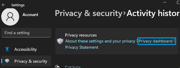 Tautan Dasbor Privasi di halaman Pengaturan Privasi Windows