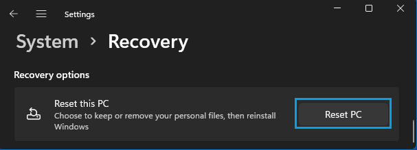 Recovery Screen Options in Windows 11