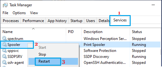Reinicie Print Spooler usando el Administrador de tareas