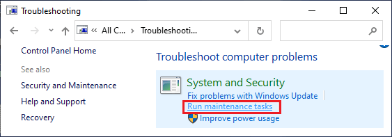 Run Maintenance Tasks Option in Control Panel