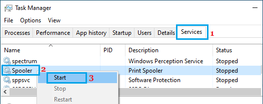 Start Print Spooler Using Task Manager