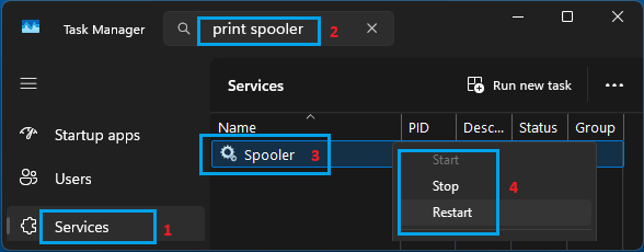 Stop, Start and Restart Print Spooler Service Using Task Manager