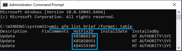 Get List of All Installed Updates Using Command Prompt