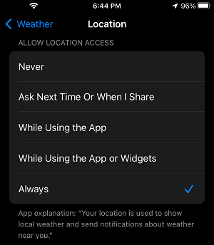 Always Allow Weather App to Access Location on iPhone