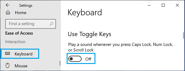 Disable Toggle Keys Option in Windows 10
