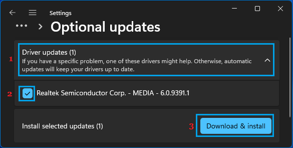 Download & Install Driver Updates Option in Windows