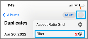Filter Option in Duplicates Photo Album on iPhone