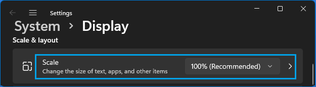 Scale Tab on Windows Display Settings Screen