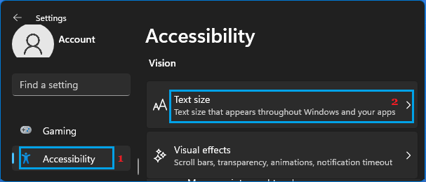 Opsi pengaturan ukuran teks di Windows 11