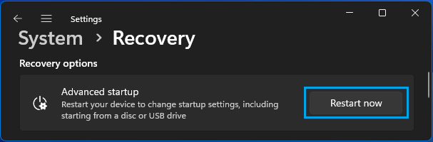 Restart Computer to Access Advanced Startup Options