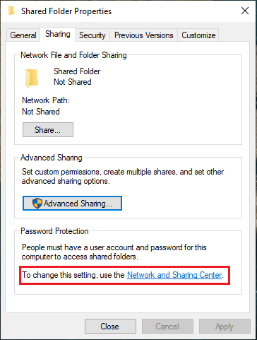 Network and Sharing Center Link on Folder Properties Screen