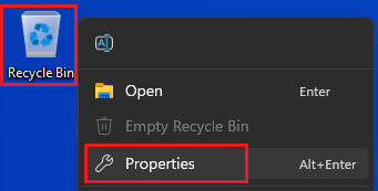 Open Recycle Bin Properties