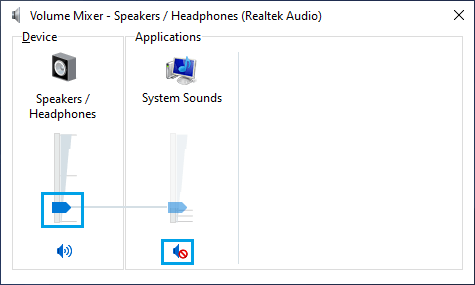 Volume Mixer Screen in Windows 10
