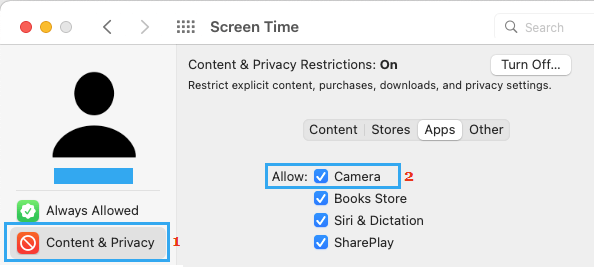 Allow Camera in Content And Privacy Restrictions on Mac