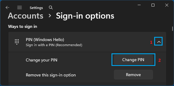Change PIN Option in Windows