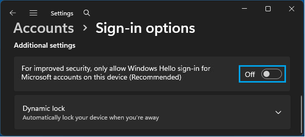 Disable Allow Windows Hello sign-in for Microsoft accounts option in Windows