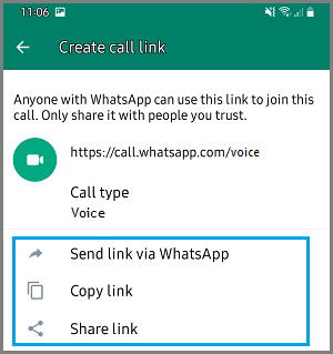 Send WhatsApp Audio Call Link Option on Android