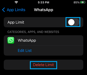 Disable Screen Time Limit For WhatsApp on iPhone