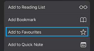 Add to Favorites option on iPhone Safari Browser