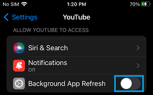 Disable Background App Refresh for YouTube on iPhone