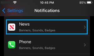News App on iPhone Notifications Screen
