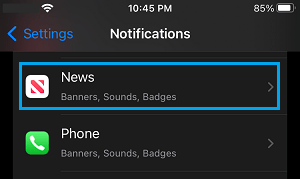 News App on Notifications Setting Screen on iPhone