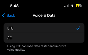 Select LTE Data on iPhone