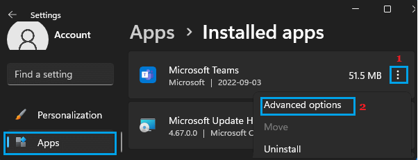 Open Advanced Options for Apps in Windows 11