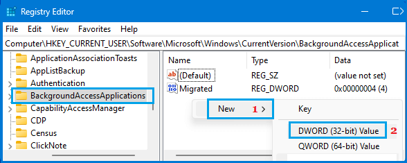 Create New DWORD in BackgroundAccessApplications Entry