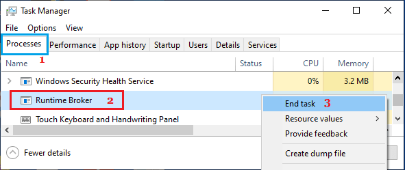 End Runtime Broker Process Using Task Manager