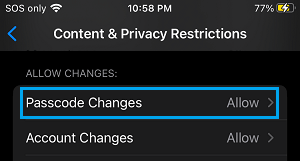 Passcode Changes Settings Option on iPhone