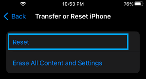 Reset Option on iPhone Settings Screen