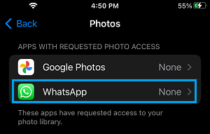 WhatsApp Photo Settings Option on iPhone
