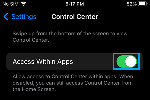 Allow Control Center Access from Within Apps