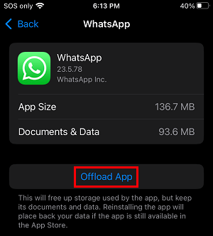 Offload App Option on iPhone