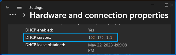 Router IP Address On Hardware & Connection Properties Screen