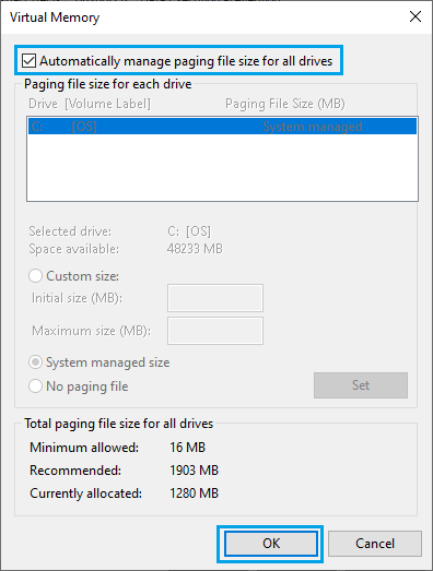 Allow the Computer to Automatically Set Virtually Memory Size 