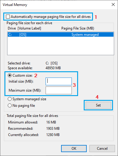 Set Custom Size for Pagefile.sys on Windows PC