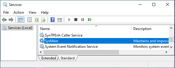 SysMain Entry on Windows Services Screen
