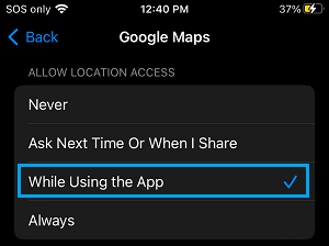 Allow Location Access While Using Maps on iPhone