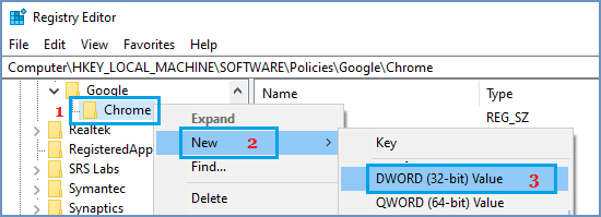 Create New DWORD in Chrome Registry Key