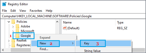 Create New Key in Google Key in Registry Editor